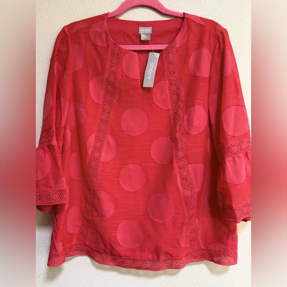 New Chico's Vibrant Orange Blouse with Large Textured Dots,lace trimmed,Office
